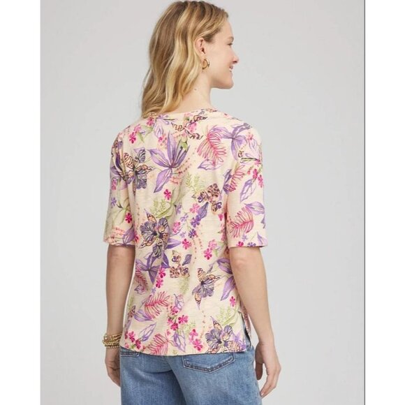 Chicos Womens XL Tropical Floral Elbow Sleeve Tee Crew Neck Shirt - Picture 4 of 14